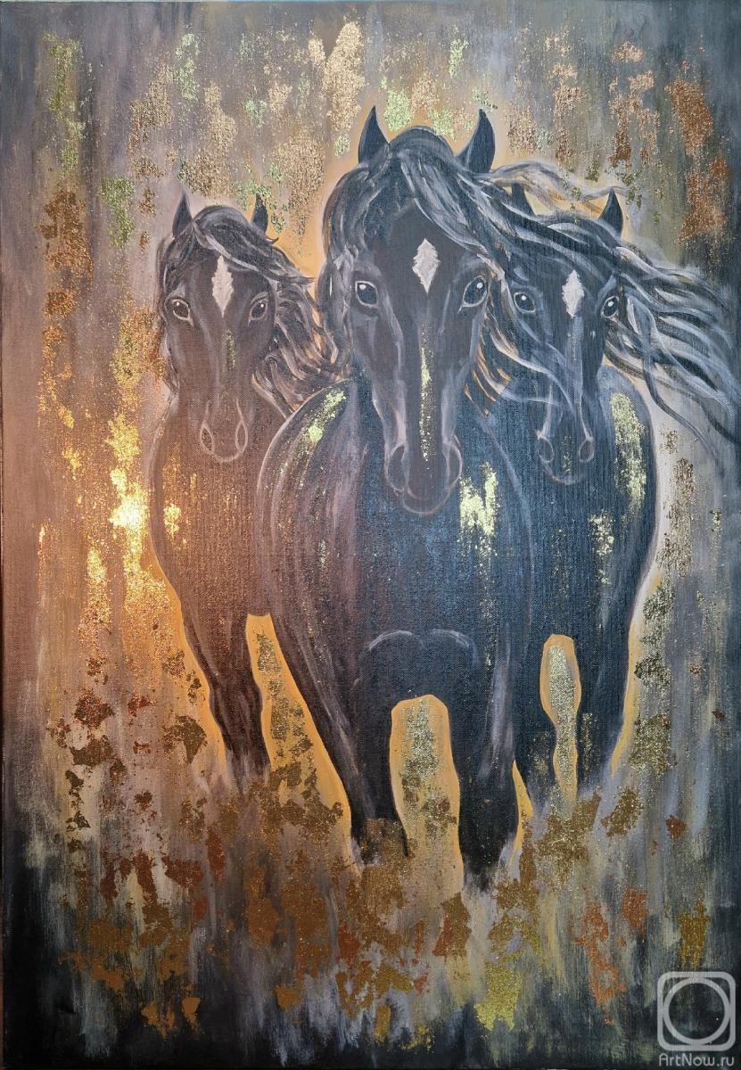 Magomedova Irina. Black horses, painting, gold tinsel