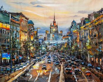 The Garden Ring shines. View of the skyscraper on Kudrinskaya Square from Bolshaya Sadovaya Street. Rodries Jose