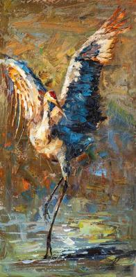 Good omen. Crane dance in golden sunset. Rodries Jose
