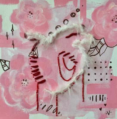 Pink floral mixed media painting on stretched canvas, embroidered abstract wall art, handmade boho style. Dudchak Vladlena