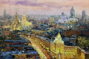 A Moscow night flies towards us. View of the Peking Hotel, the high-rise on Kudrinskaya Square, and the Ukraina Hotel. Vevers Christina