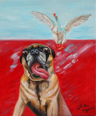 Scared pug dog running away from goose. Kirillova Juliette