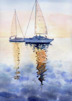 Seascape with boats and a family