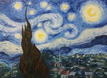 Starry Night Inspired Painting � Post Impressionist Moonlit Landscape with Cypress Tree (Celestial Landscape). Blum Ira
