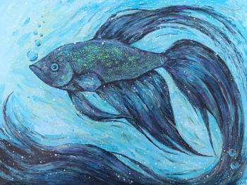 Turquoise Blue Fantail Betta Fish � Original Textured Acrylic Painting on Canvas