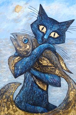 Dark Blue Cat with Goldfish