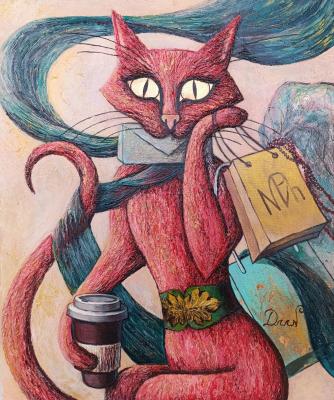 Shopaholic Cat � Anthropomorphic Coral Cat with Green Scarf, Shopping Bag & Coffee