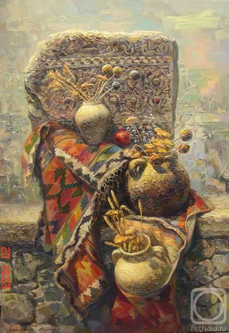 Khachatryan Meruzhan. Still-life with jugs, dried flowers and a khachkar (cross - stone)