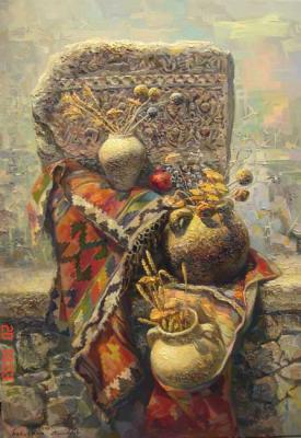 Still-life with jugs, dried flowers and a khachkar (cross - stone). Khachatryan Meruzhan