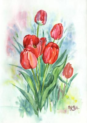 Red tulips. Green Irina