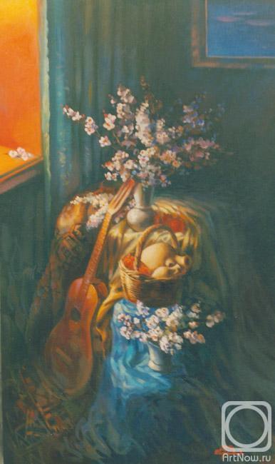 Khachatryan Meruzhan. Still-life with a red window and a branch of a blossoming apricot