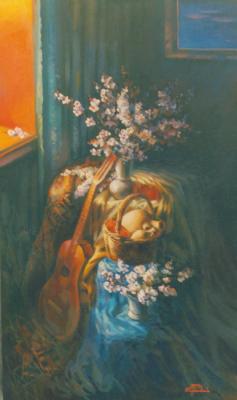 Still-life with a red window and a branch of a blossoming apricot