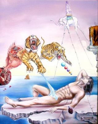 Retelling Dali: " DREAM  the RING CHECKS FROM POMEGRANATES FOR the INSTANT BEFORE AWAKENING. The EROTIC DREAM of the YOUNG MAN