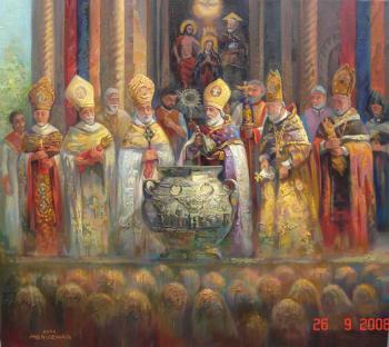 All-Armenian Catholicos Vazgen A is lighting the myuron in Holy Echmiadzin (Amenian Catholicos). Khachatryan Meruzhan