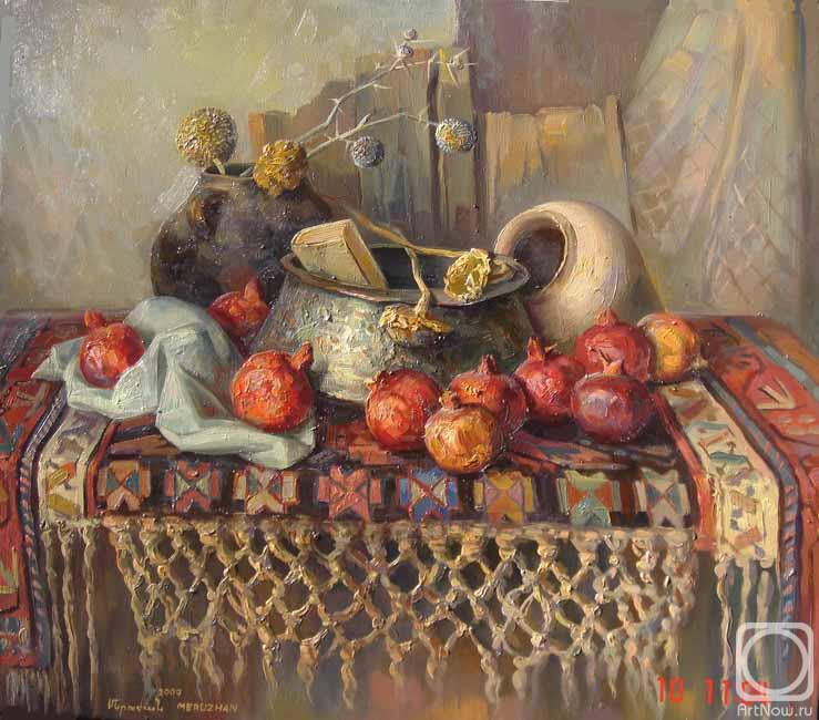 Khachatryan Meruzhan. Still-life with a carpet "sun" and pomegranates