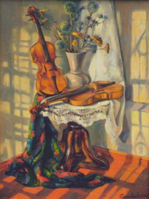 Still-life, a violin covered by the sun
