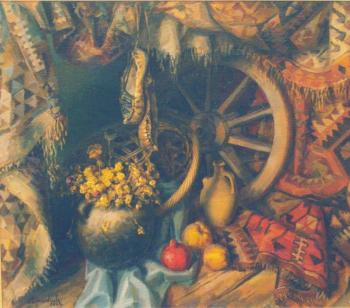 The Armenian still-life with a pot of immorteles and a basket