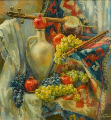 Still-life with fruit, the Armenian musical instruments cyamancha and duduk. Khachatryan Meruzhan
