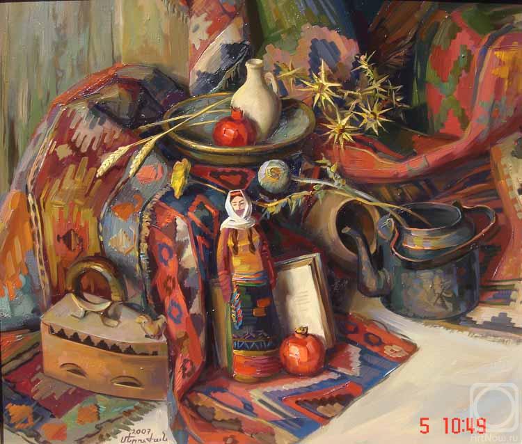 Khachatryan Meruzhan. Still-life with a doll in national attires and pomegranates