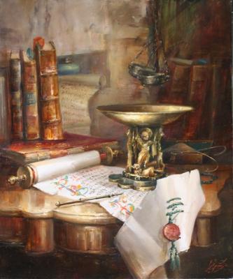 Scroll with bronze bowl on the table. Yekimov Vladimir
