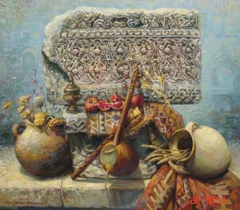 The Armenian still-life with qyamancha with a fragment of khachqar (cross-stone)