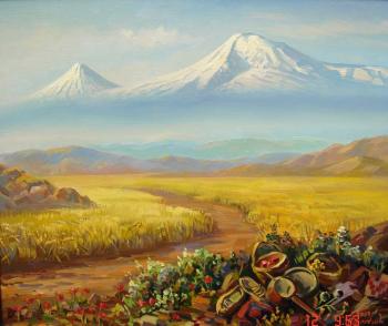 View of mountain Ararat from a wheat field