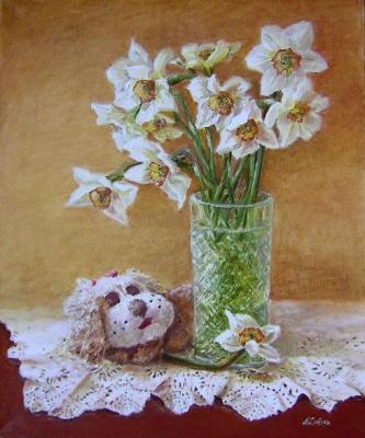 Still life with daffodils and dog. Lizlova Natalija