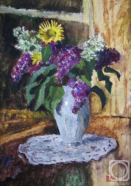 Makeev Sergey. Lilacs and yellow chamomile in a white vase