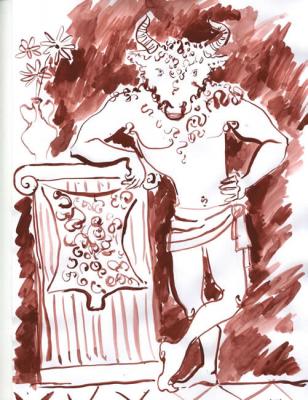 Ceremonial portrait of the Minotaur in a home setting (sketch for the picture)