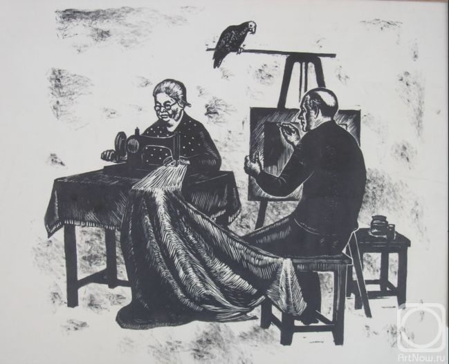 Tevtoradze Vasiliy. Self-portrait with mother and parrot