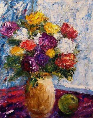 Asters in a clay jug, with MLJ-im apple. Zhadko Grigory