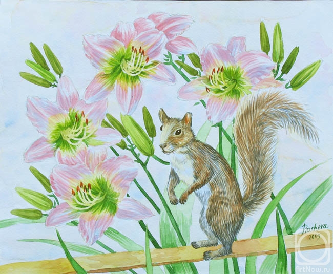 Piacheva Natalia. Squirrel and Pink Flowers