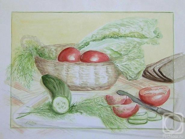 Lizlova Natalija. Still life with vegetables and rye bread (etude)