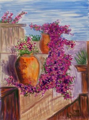 Cosy nook with vases and flowers. Lukaneva Larissa