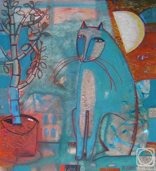 Gorshunova Tatiana. Cat, moon and sapling