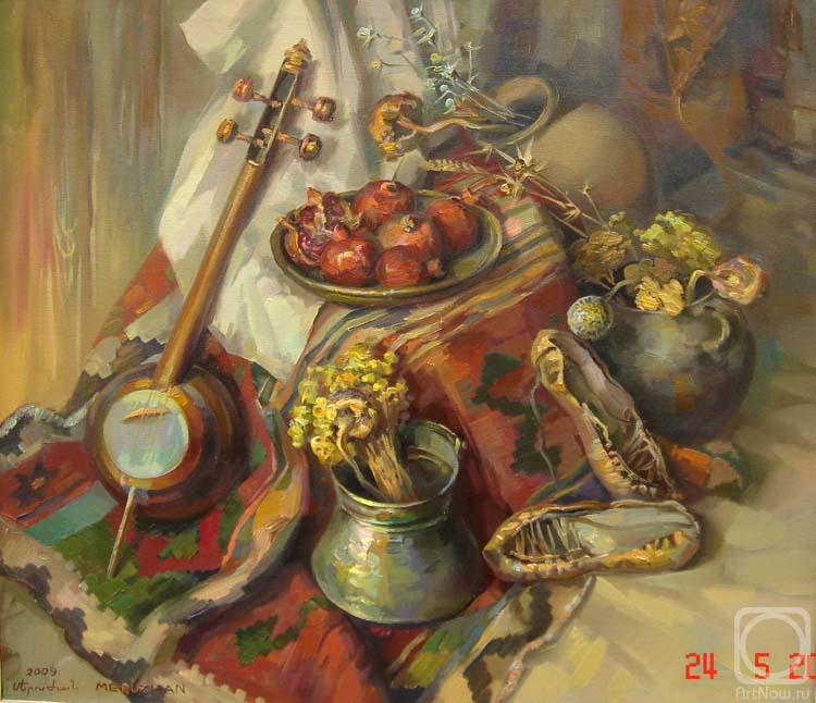 Khachatryan Meruzhan. The Armenian still-life with qyamancha and pomegranates