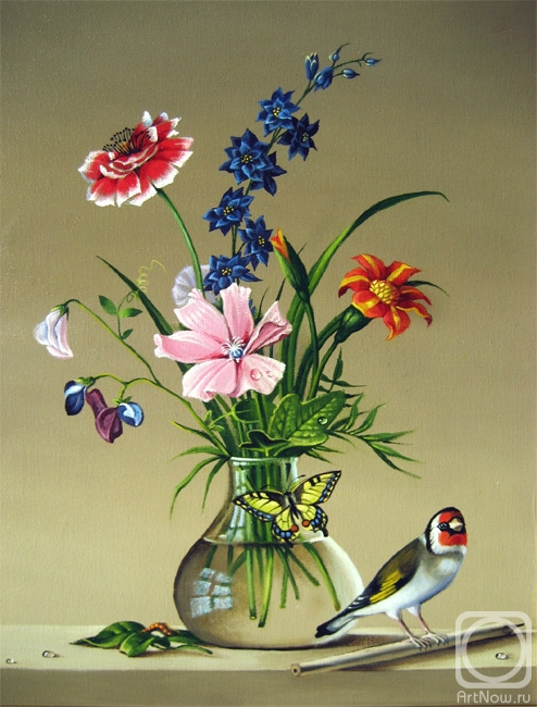 Belova Asya. Bouquet of flowers, butterfly and bird