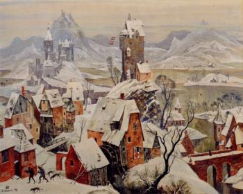 A work based on Pieter Bruegel. A town in the Alps