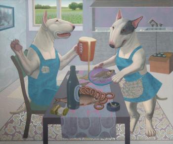 Bull terriers on kitchen. Avetisyan Arman