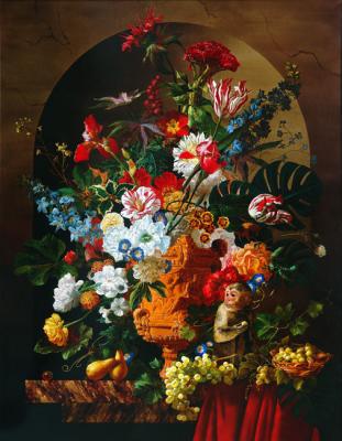 Still Life With Monkey, Fruits and Flowers. Golovin Alexey