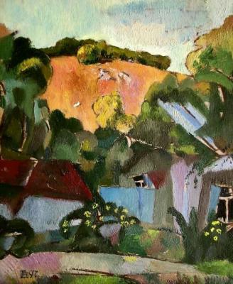 Landscape with a house and a sunset mountain. 1997. Makeev Sergey