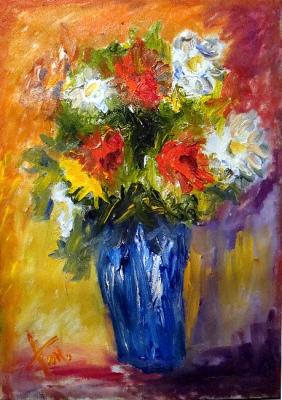 Bouquet in a vase of blue glass. Zhadko Grigory