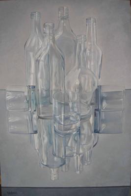 Still Life No. 13. Bottles and glasses in grey. Kuznetsov Vladimir