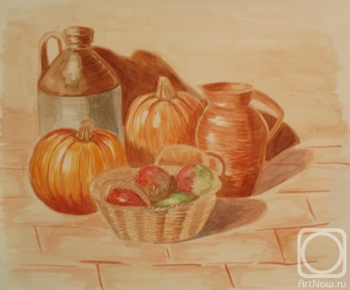 Lukaneva Larissa. Copy 74 (still life with pumpkins, jug and basket of apples)