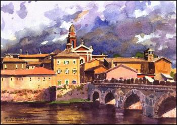 Italy, Rimini. Tiberius Bridge and view of the old town (etude)