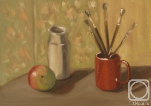 Lukaneva Larissa. Copy 137 (still life with apple, red mug and ceramic bottle)