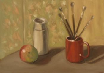 Copy 137 (still life with apple, red mug and ceramic bottle) (Ceramic Mug). Lukaneva Larissa