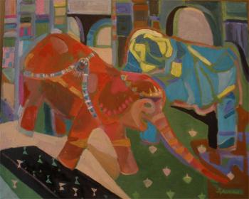 Elephants were led down the street