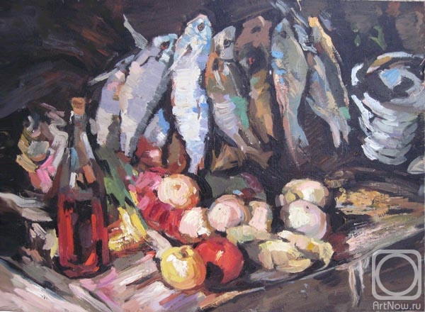 Popova Anastasia. Fish, wine and fruits (copy from the work of Konstantin Korovin)