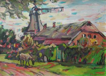 Griosefen. A landscape with a mill and a donkey